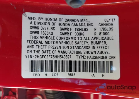 2017 Honda Civic Ex from USA, damaged, VIN 2HGFC2F78HH549827